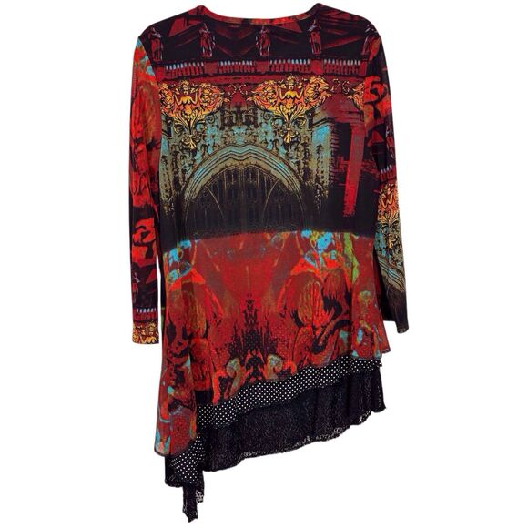 Calessa Graphic Art Print Tunic Red Black Size 1X Asymmetric Lace Hem Lagenlook - Picture 5 of 11